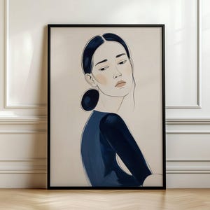 Dark Blue Abstract Woman Art Print: Minimalist Feminine Wall Decor (Digital Download)