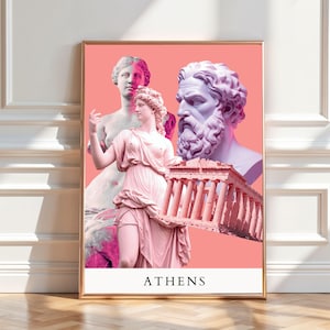Athens Art Print Greece Poster Wall Art Philosopher Minimal Poster Greece European City Poster Travel Gift Office and Home Pink Decor