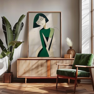Abstract Woman Green Large Wall Art People Contemporary Artwork Minimalist Print Living Room Woman Wall Art Print Digital Download
