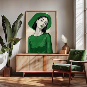 Green Minimalist Woman Art Print: Modern Abstract Girl Poster (Digital Download)