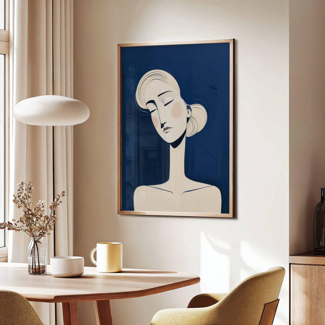 Blue Abstract Woman Art Print: Minimalist Contemporary Wall Decor ...