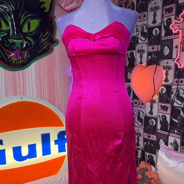 Vintage Betsey Johnson Punk Label Neon Pink Bodycon Dress (Size S)