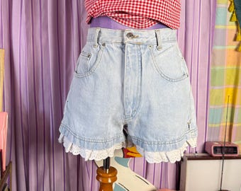 Vintage Zana Di 90s Denim Shorts - White Lace Trim - Siza 9