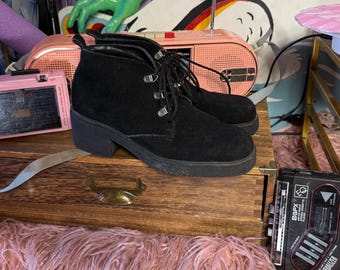 Vintage 90s Chunky Goth Ankle Boots - Black Suede Leather Platform Lace Up Boots