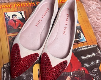 Gianni Bini Embellished Heart Ballet Flats - Sz 7 - Pink Red Sparkle Crystals