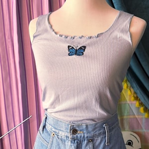 Vintage 90s Butterfly Tank Top – Y2K Lettuce Hem, Size Small/Medium