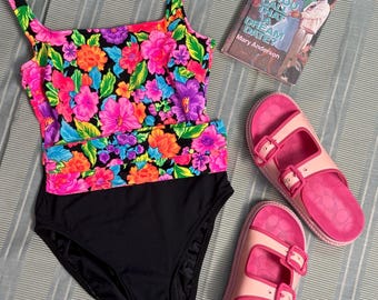 Vintage Neon Floral Bathing Suit with Waist Sash Detail - size S/M - 1980s 1990s Beach Fashion