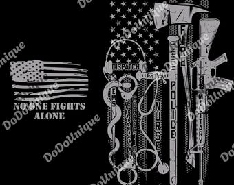 Nadie lucha solo (PNG), Diseño gráfico de apoyo a los socorristas, Bandera de EE. UU. y herramientas tácticas (PNG), Para la policía digital