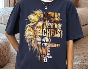 Ik kan alle dingen doen door Christus Leeuw PNG, christelijke Bijbeltekst digitale download, geloof sublimatie afbeelding