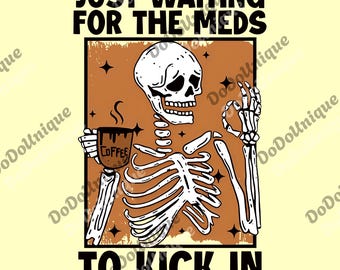 Chronische ziekte digitaal bestand skelet handen wachten op mijn medicijnen om te beginnen png, grappige fibromyalgie chronische pijn migraine Halloween lepeltje