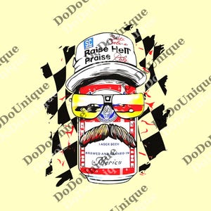 Pode incluir: Ilustração de desenho animado de uma lata de cerveja com óculos de sol e bigode. A lata está usando um chapéu branco com as palavras "Raise Hell Praise Dale". Os óculos de sol têm um design de carro. A lata diz "Brewed and canned in Merica".