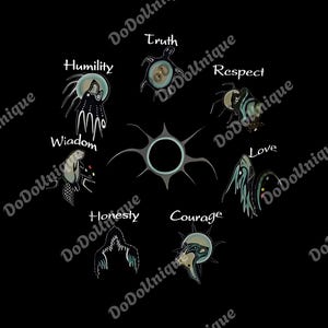 May include: Black graphic with eight symbols representing virtues like Humility, Truth, and Courage. Each symbol is accompanied by a word in white text. A central circular design with radiating lines is also present.