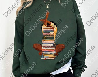 Black Woman And Books Stack Afro Girl Book Lover png, Black Queen Digital, Library Lover, Black History Gift png