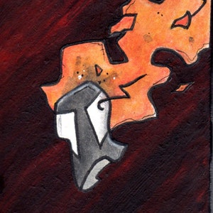 May include: A black and white illustration of a face with a fiery orange background. The face is stylized and has a sharp, angular design.