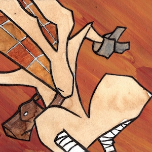 May include: A hand-painted illustration of a creature with a long, thin body and multiple legs. The creature is brown and white and is set against a red-orange background. There are three white dots in the upper right corner of the image.