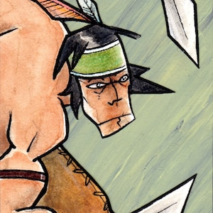 May include: A cartoon illustration of a person with brown skin wearing a green headband and a brown leather strap around their waist. The person is holding a knife in their right hand. The background is a green and brown watercolor wash.
