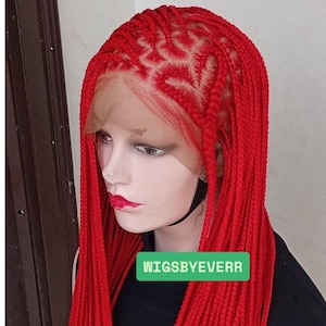 30inch red color knotless braided wig, Feed in braids, Protective Styles, Braided wig style, Full lace braided wig, Ready to wear braid wig.