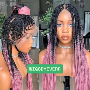 Two-Tone Braided Wig: 1B & Pink Knotless Braids, 30 Inch