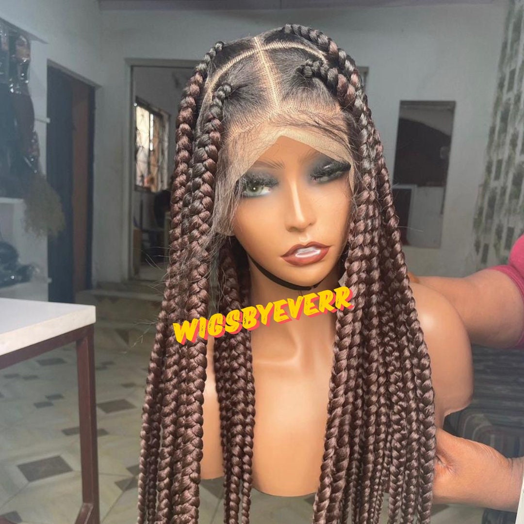 Ready To Ship  box braid braided wig.  Full lace Braided wig for black women brown braids wig. black braids wig.