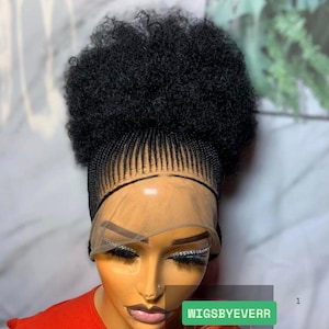 Up do shuku Braided wig. Afro cornrow braided wig. Braided wig with head bun. Pony tail braided wig for black women. Braided wig with curls.