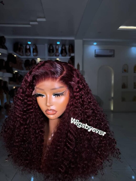 Deep Burgundy Curly HD Lace Front Wig – 100% Human Hair  display picture 1