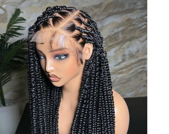 May include: A black braided wig with a lace front. The wig is styled in small, tight braids that are about 12 inches long. The wig is on a mannequin head.