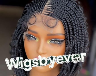 Short cornrow braided wig, ghana weave tribal braid wig, wig for black women, braided wig with human hair curls.