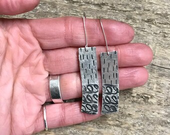 Textured silver earrings - long dangle earrings - arty earrings - stamped pattern earrings