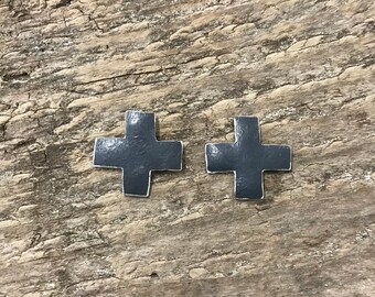 modernist plus sign earrings - understated cross earrings - simple sterling silver stud earrings - oxidised silver studs