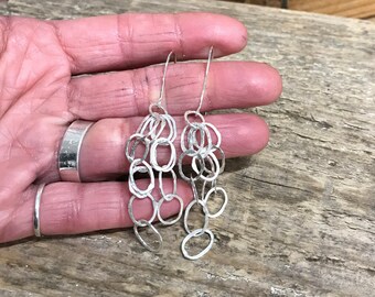Dangly chain earrings - long silver earrings - organic oval chain earrings - shimmering earrings - artisan sterling silver ear wire earrings