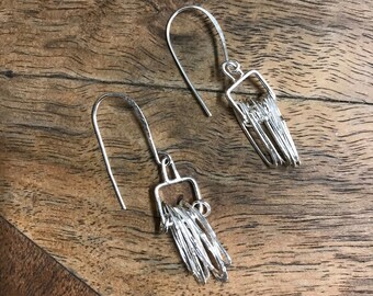 long silver earrings - dangle earrings - statement earrings - sterling silver earrings - square earrings - playful kinetic earrings