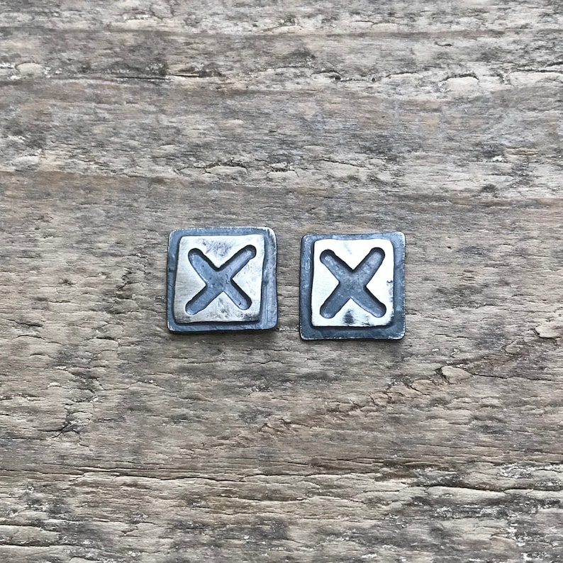 blackened textured stud earrings sterling silver stud earrings modernist silver square earrings brutalist cross earrings