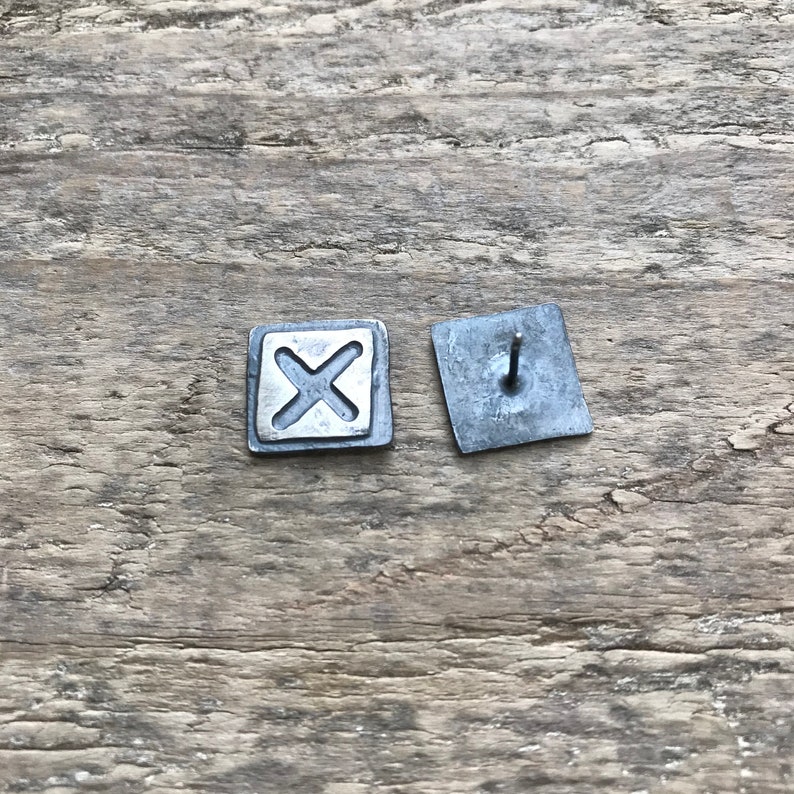 blackened textured stud earrings sterling silver stud earrings modernist silver square earrings brutalist cross earrings