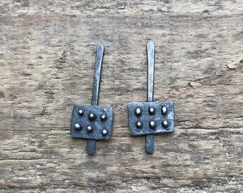 brutalist blackened earrings - oxidised silver dangle earrings - organic textured earrings - dark modernist earrings