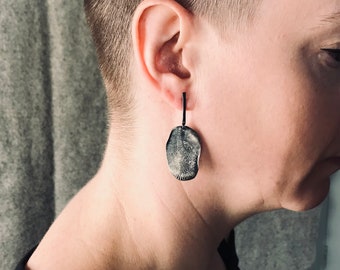 Large dangly oval studs - textured brutalist earrings - mismatched silver earrings - blackened silver earrings - wabi sabi stud earrings