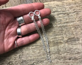 silver dangle chain earrings - long tassel earrings - modernist pendent earrings - swinging sterling silver chain studs