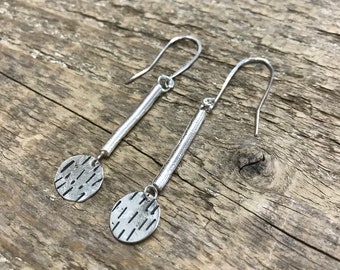 long silver earrings - dangle earrings - statement earrings - sterling silver earrings - long bar earrings - organic circle earrings
