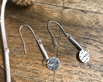 long silver earrings - dangle earrings - statement earrings - sterling silver earrings - long bar earrings - organic pierced circle earrings