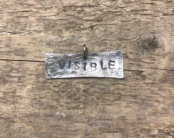 brutalist word pendant - visible & invisible - sterling silver reticulated pendant - unusual reversible pendant - stamped word pendant
