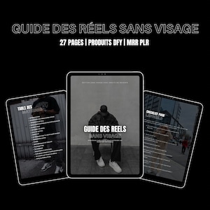 May include: A guide to creating Reels without showing your face, with 27 pages of content, including products and resources. The guide is displayed on a tablet screen with a checklist and table of contents on other tablets.