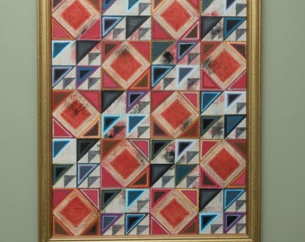 Mixed Media Quilt Painting: Abstract Art with Golden Frame