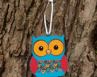 Handbemalter Eulenornament mit blauem Kopf