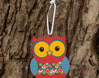 Handpainted Owl Ornament (bold red head)