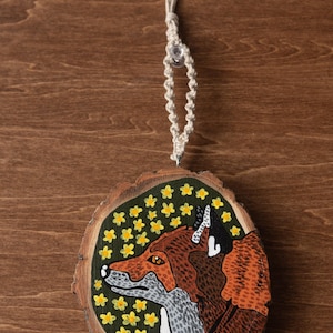 Original Hand-Painted Wood Slice Ornament Fox with Flowers