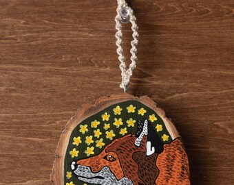 Original Hand-Painted Wood Slice Ornament Fox with Flowers