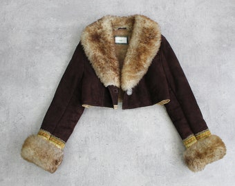 Brown Jacket Sheepskin Upcycled Fur Cropped Collar Natural Shearling Leather Short Coat Size M Medium