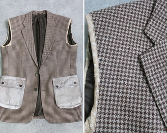 Sleeveless Blazer Loose Fit Vest Korean Style Upcycled Notched Collar Lapel Wool Houndstooth Brown Beige Front Pockets Button Up Extra Large
