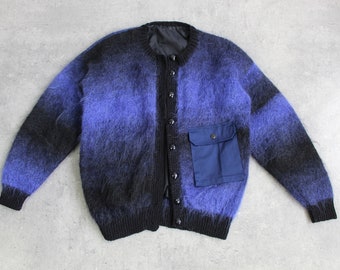 Blue Cardigan Sweater Mohair Upcycled Black Slouchy Ombre Sweater Fuzzy Jacket Soft Button Up Front Pocket Wool Bomber Cardigan 10 Medium
