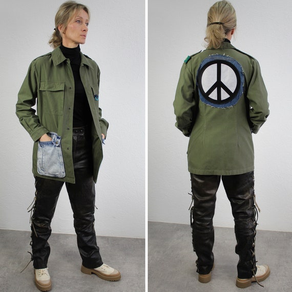 Peace Military Jacket Upcycled Olive Green Army Commando Cargo 