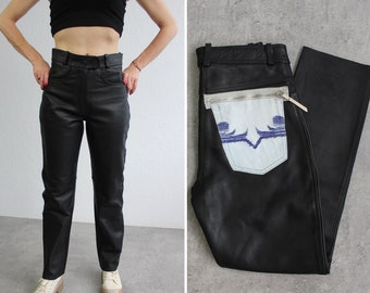Black Leather Pants Upcycled Leather Trousers Womens Medium, Men's S Mid Rise Straight Leg Pants Rocker Punk Club Party Biker Vintage 30''